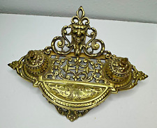 Vtg Double Inkwell Solid Brass Ornate Gothic Face Heavy Scrollwork picture