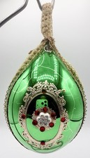 Vtg Western German Green Glass Christmas Ornament Jeweled Wire Large Teardrop 6” picture