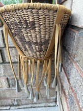 Vintage Apache Burden Basket Leather Fringe Cone Bells Native American 8” picture