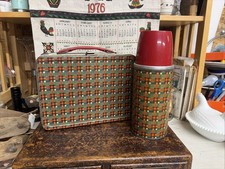 1960 Plaid Blue Band Metal Lunchbox w Matching Thermos Red Cup Vintage picture