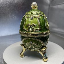 GREEN FABERGE EGG W/ANIMALS INSIDE TRINKET BOX BY KEREN KOPAL. CRYSTALS,GIFT A++ picture