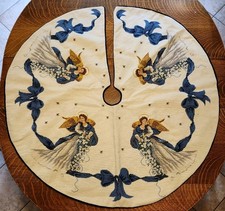 Vintage Victorian Angels & Bows Off White Blue Needlepoint Wool Tree Skirt picture