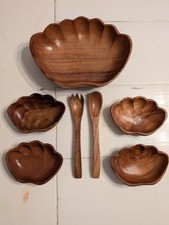 VTG 7pc MCM Monkey Pod Wood Salad Serving Set Clamshell Bowls Fork Spoon Retro picture