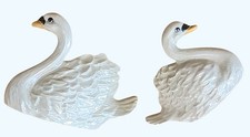 Vtg Ceramic Swan Figurines Pair Glossy White Iridescent Finish 2.25-2.75