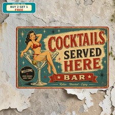 Bikini Woman Martini Served Here Retro Beach Cocktail Bar Metal Tin Sign 8x12 picture