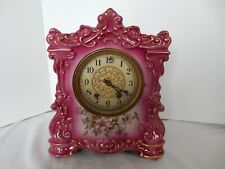 ANTIQUE PORCELAIN MANTLE CLOCK PINK/RED WITH FLORAL APPLIQUE', GOLD HIGHLIGHTS picture