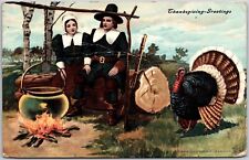 1908 Thanksgiving Greetings Pilgrims Turkey Pot Cooking Holiday Vintage Postcard picture