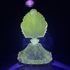 VTG UV Reactive Glass Perfume Bottle Fan Stopper Art Deco Vanity Glows Green picture