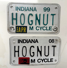 Vintage Indiana Motorcycle License Plates Lot of 2 HOGNUT 1999 & 2008 HARLEY HOG picture
