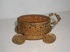 Antique French Style Ormolu Filigree & Amber Beveled Glass Carriage Jewelry Box picture