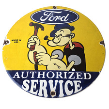 Vintage Ford Motors Sign - Porcelain Popeye Authorized Service Gas Pump Sign picture