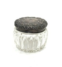 VTG Small Crystal Vanity Dresser Powder Jar Repousse Sterling Silver Lid Antique picture