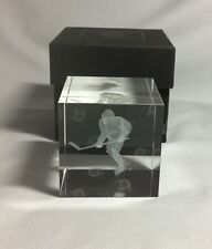 CRYSTAL IMPRESSIONS HOCKEY PLAYER CUBE PAPERWEIGHT LASER ETCHED MADE IN ISRAEL picture