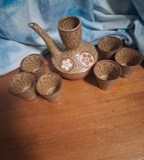 OMC Japanese Ceramic Teapot Tea Set Brown Crackle Glaze Floral Medallions picture
