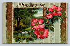 BAMFORTH Happy Birthday Red Flowers & Spring Forest Pastural Scene Postcard picture