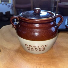 Vintage Monmouth Pottery Boston Baked Beans Crock Double Handled Pot Brown Tan picture