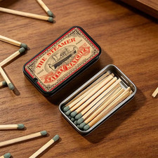 Metal Match Box Case Protective Metal Sliding Top w Strike plate on back Retro picture