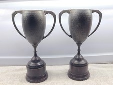 2 Rare Antique Hammered Copper Brass Wood Loving Cup Trophy 11 1/2