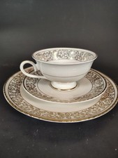 Vintage Bavaria Porcelain Tea Trio Cup Saucer Dessert Plate Gold Floral Crown R picture