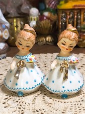 Vintage Pair Ceramic Girl Figurienesue Polka Dot Gown Bouquet Gold Trim Japan picture
