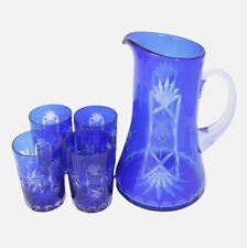 MCM BOHEMIAN CZECH COBALT BLUE CUT TO CLEAR PITCHER AND 4 TUMBLERS picture