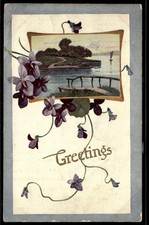 1908 Greetings Postcard Violets & Scenic Lake Williston North Dakota Postmark picture