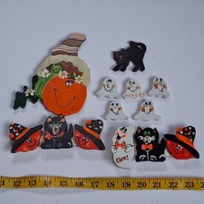 9 Vintage Halloween Wood Magnets Hand Painted Ghost Witch Cat Pumpkin Folk Art picture