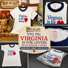 VTG 70s Virginia Is For Lovers Blue Ringer T-Shirt Deadstock Hanco Kids 10-12 LG picture