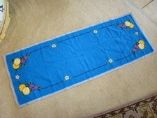Lovely Vintage Cobalt Blue Embroidered FLORAL TABLE RUNNER, Crochet Edge picture