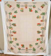 Large Vibrant Vintage 1960s Printed Antique Foodie Tablecloth ~Herbs & Spices picture