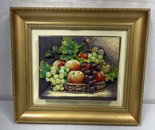 Vtg Gold Framed 3 D Hand Painted Polystone Fruit Basket Wall Plaque 13” X 15” picture