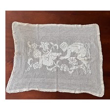Antique 1920's Handmade Filet Crochet Large Lace Panel With Cerub Figures picture