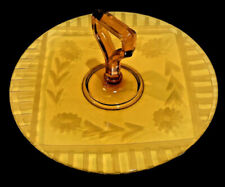Vintage Amber Etched Flower Depression Glass Serving Plate with Handle. Tidbit picture