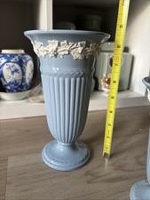 vintage Wedgwood Embossed Queen's Ware pale blue and white footed vase 8.5” picture