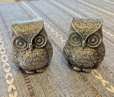 Set Of 2 Silver Metal Owl Twins Figurines 3.5 X 3 X 3” picture