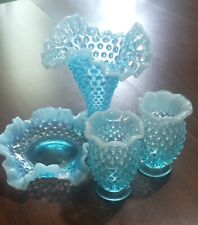 FENTON Hobnail Opalescent Light Blue Crimp Edge Vase Set With Bowl 4 Pcs. picture