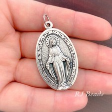 XL Silver Catholic Miraculous Medal Pendant Charm 1.75