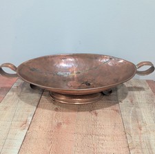 Antique Hand Hammered Copper Oval Footed Bowl w/ Scroll Handles 20.5