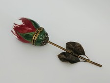 VTG Limoges France Hand Painted Red & White Long Stem Rose w/Brass Trinket Box picture