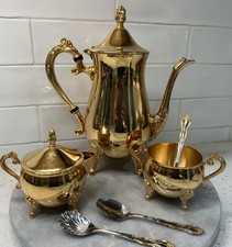 Vintage International 24kt Gold Plated Coffee/Tea Pot, Creamer, Sugar w/ Spoons picture