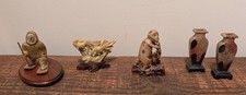 Vintage Soapstone Carved Figurines – Asian Inuit, Koi Fish, Monkey Figure & Vase picture