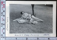 1950 Barefoot Woman and Child Sunning Blanket BW Photo Snapshot picture
