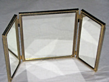 Vintage Triple Hinged Tri-fold Tabletop Vanity Gold Tone Framed Metal Mirror picture
