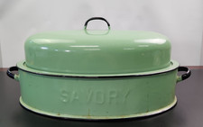 Vtg  SAVORY Light Olive Green Roasting Enamel Pan 16