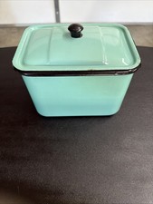 Vintage Aqua Turquoise Enamelware Refrigerator Storage Container With Lid picture