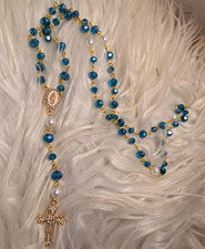 Handmade Blue Glass Crystal Rosary With Gold Hardware Catholic Gift 19in picture