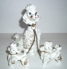 Vtg 1950s White Spaghetti Poodle Gold Trim Mom With 2 Pups On Chain Numbered picture