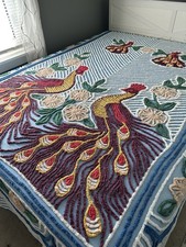 *Moody Peacocks* Vintage Double Peacock Blue Chenille Bedspread~88x96~PRETTY picture