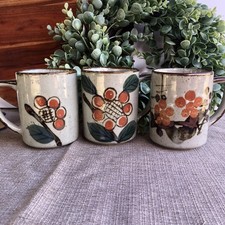Vtg 1970s Otagiri Japan Speckled Stoneware Floral Coffee Mugs Lot of 3 picture