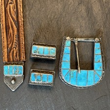 Vintage Zuni Sterling Silver Channel Inlay Turquoise Ranger Set Spectacular Belt picture